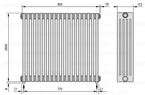 Схема (чертеж) Радиатор Zehnder Charleston 5280/18 №3570 Белый глянцевый RAL 9016